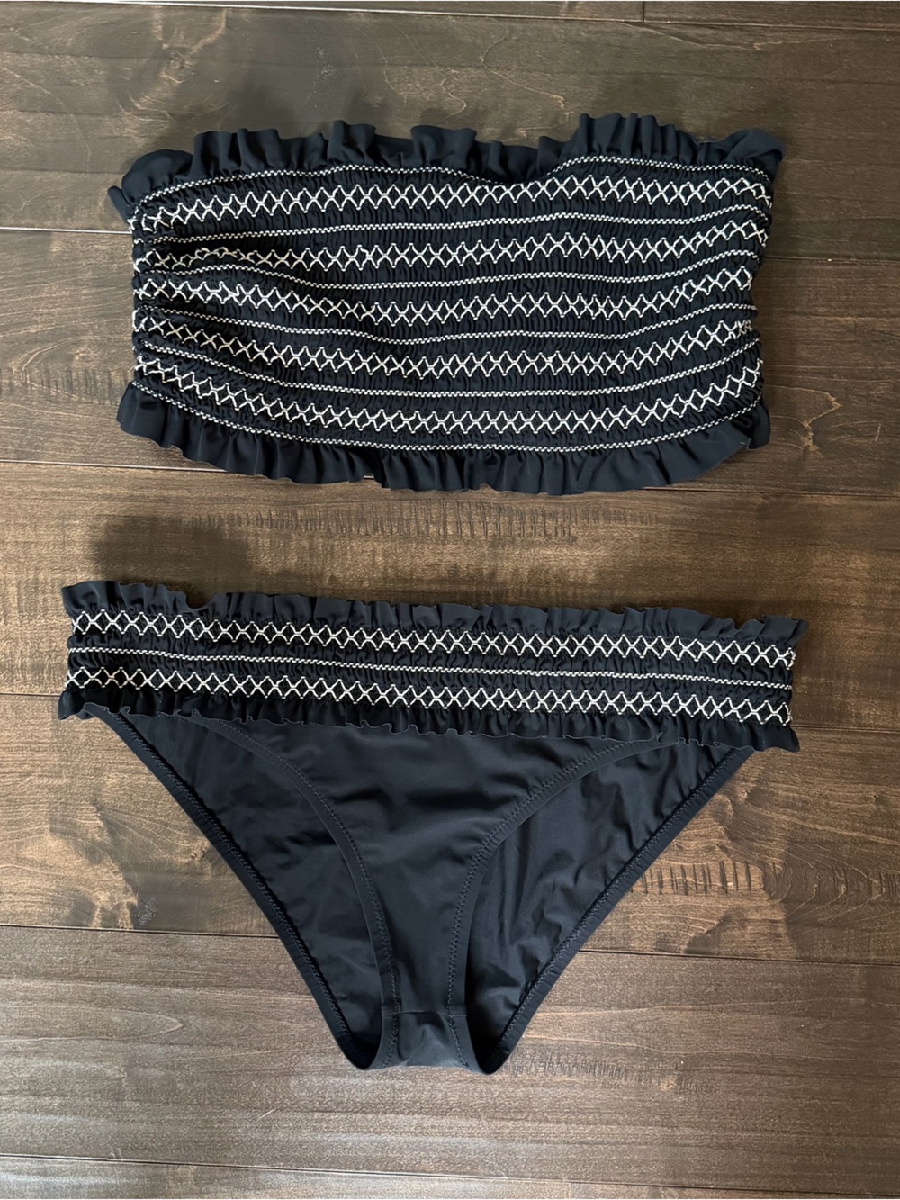 Tory Burch Black Bandeau Bikini with White Smocked Detail